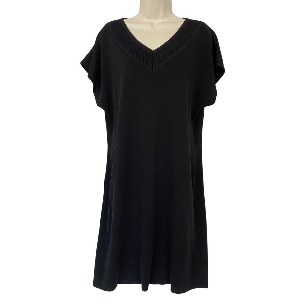 Misook Black Knit Dress Large V-Neck Stretch Short Sleeve‎ Career Travel Classic